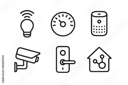 Smart home technology icons: lightbulb, thermostat, speaker, camera, door lock, network