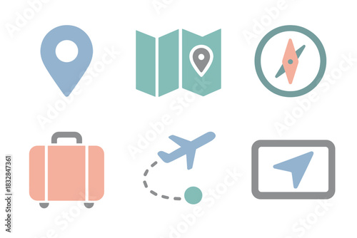 Glowing travel icons featuring map, compass, and airplane symbols