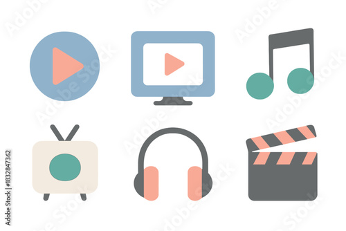 Multimedia icons featuring play button, screen, music note, tv, headphones, and clapperboard