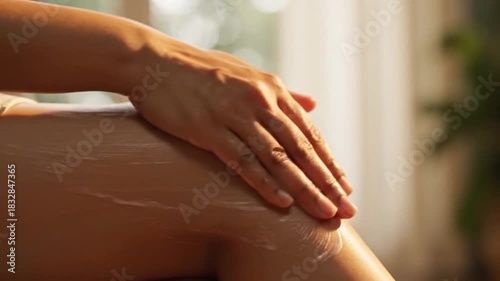 Wallpaper Mural Woman applying moisturizing lotion to her leg in warm sunlight. Torontodigital.ca