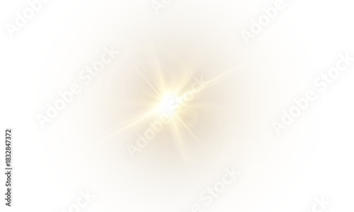 Glowing yellow light effect with sun rays and lens flare on transparent background. Bright abstract optical illumination with sparkles.