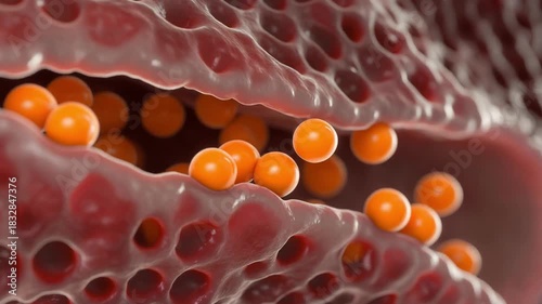 Scientific 3D rendering of spherical lipid droplets, representing fat cells or cholesterol, accumulating within human biological tissue