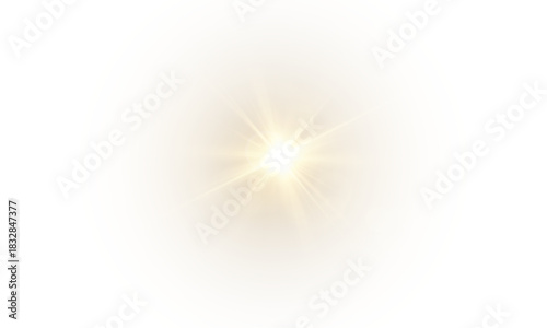 Glowing yellow light effect with sun rays and lens flare on transparent background. Bright abstract optical illumination with sparkles.