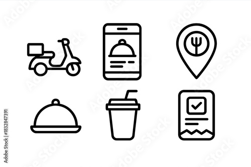 Food delivery icons: scooter, mobile app, location pin, cloche, drink, receipt