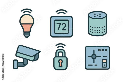 Smart home technology icons featuring light bulb, thermostat, speaker, security camera, lock, control panel
