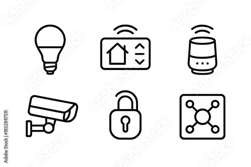 Smart home technology icons: light bulb, control panel, speaker, security camera, lock, network