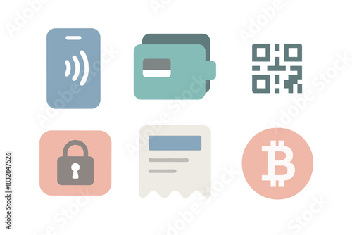 Digital payment icons featuring wallets, qr code, lock, receipt, and cryptocurrency symbols