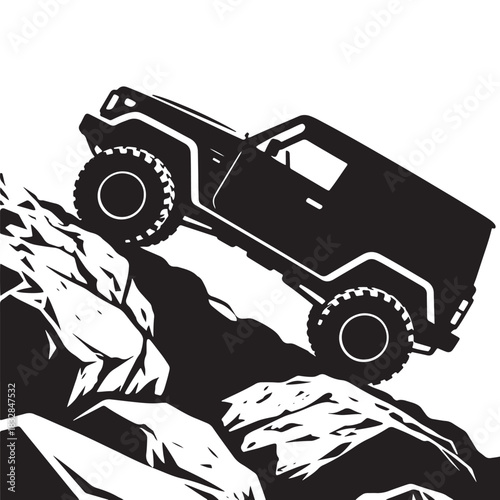 The silhouette of a 4x4 car climbing steep terrain creates an impression of adventure