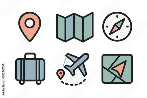 Travel icons: map, compass, luggage, airplane, location marker