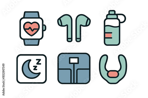 Fitness icons: smartwatch, earbuds, bottle, sleep, scale, yoga mat