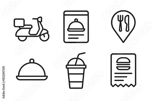 Set of food delivery icons featuring scooter, menu, location, tray, drink, and receipt