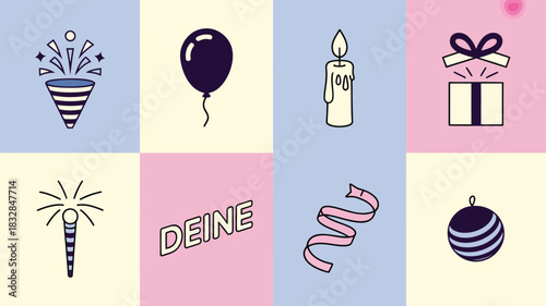 A colorful and playful collection of birthday party icons including a popper balloon candle gift sparkler ribbon and ornament with the german word deine meaning yours