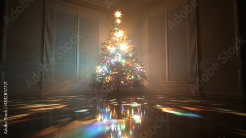 Illuminated Christmas Tree with Colorful Lights and Star Topper Reflecting on Dark Floor in Room with Large Windows and Soft White Lighting