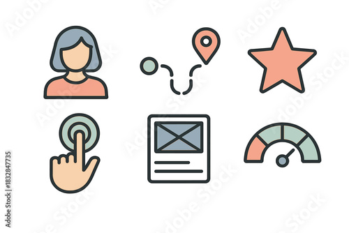User interface icons including profile star map finger touch gauge
