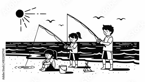 Children Enjoying a Day of Fishing at the Beach.