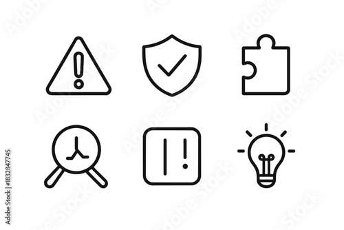 Minimalist icon set: alert shield puzzle search exclamation bulb