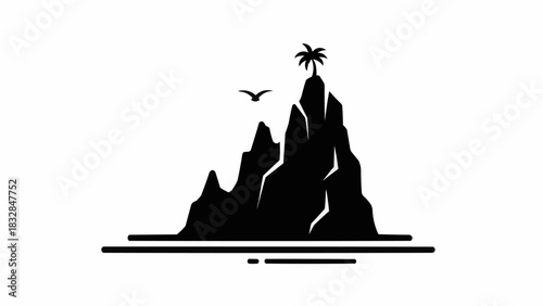 Silhouette of a rocky island with a palm tree and a flying bird.