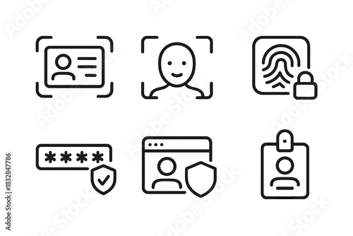 Biometric security icons set: id, face, fingerprint, password, profile protection