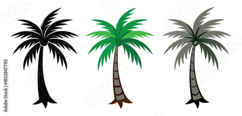 Three palm trees in different styles: black silhouette, green, and gray, on a white background
