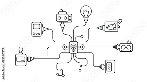 Abstract illustration of a central processing unit with connected devices like a light bulb camera and various electronic components representing interconnectedness and technology