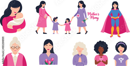Diverse mothers and children celebrating family and motherhood