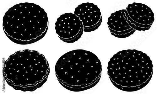 Delightful black and white cookie collection for bakery menus and sweet treat designs, a charming assortment of classic dessert icons with a vector graphic feel