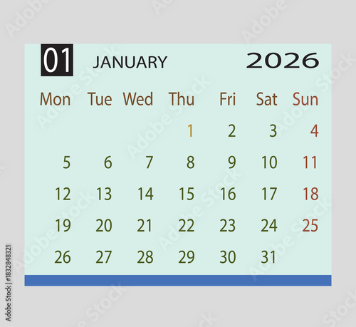 January 2026 calendar planner showing dates, days, and month Vector