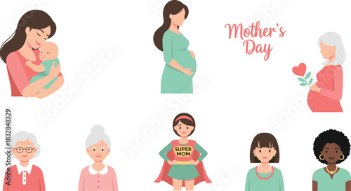 Happy mothers day illustration of women of different ages and ethnicities celebrating motherhood