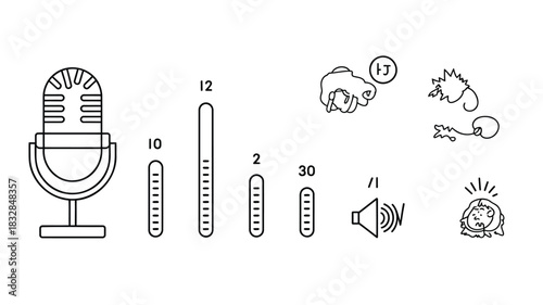 A collection of simple line art icons representing audio recording and sound levels including a microphone volume sliders a speaker icon and cartoonish representations of sound effects and expressions