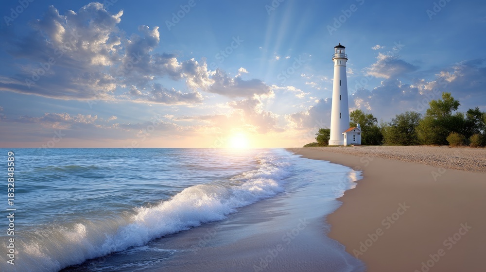 Fototapeta premium Serene Beach Scene with Majestic Lighthouse Under a Vibrant Sky at Sunset, Waves Gently Lapping on the Shore, Warm Light Reflection on Water Surface