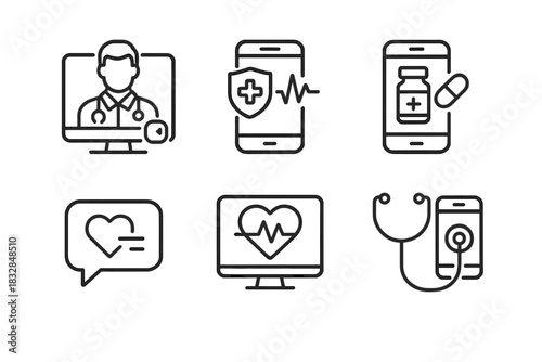 Digital healthcare icons: doctor, medical apps, heart monitoring, healthcare communication tools