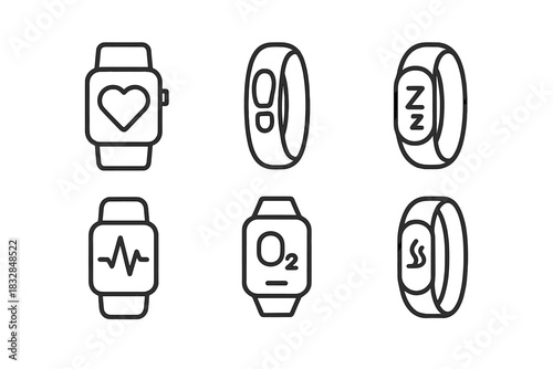 Smartwatch and fitness band icons with heart rate and sleep tracking symbols