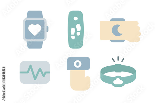 Futuristic wearable tech icons: watch, heart, moon, fitness, health, notifications