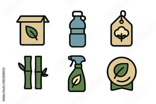 Eco-friendly product icons featuring leaves, bamboo, cotton, and recyclable materials