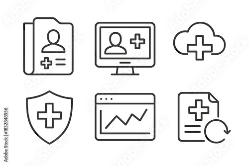 Health data management icons with medical records, cloud storage, and analytics