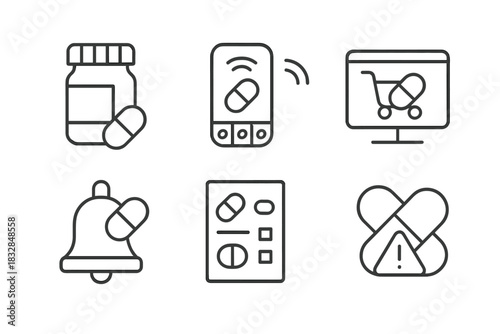 Digital pharmacy and medication management icons on gradient background