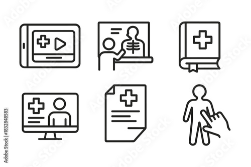 Medical icons: screen, diagnosis, book, online, report, human representation