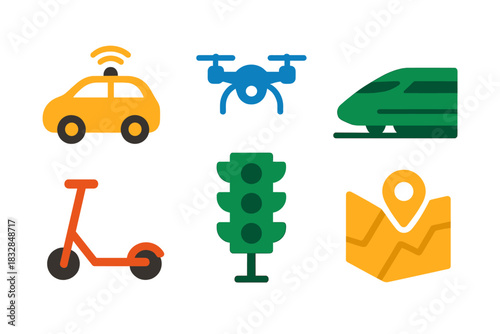 Futuristic transportation icons: smart car, drone, train, scooter, traffic light, map