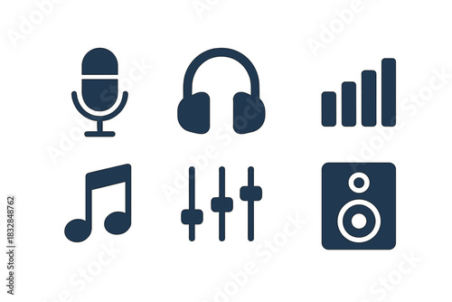 Dark themed audio icons with microphone, headphones, music note, and sound controls