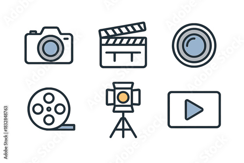 Set of six icons: camera, clapperboard, lens, film reel, spotlight, and play button