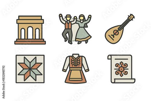 Folk culture icons: traditional clothing, music, dance, architecture, crafts symbols