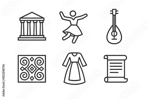 Cultural icons: tradition, dance, music, architecture, fashion, scrolls