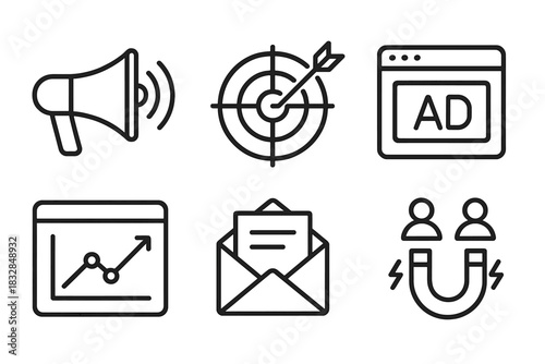 Digital marketing icons set featuring megaphone, target, and analytics