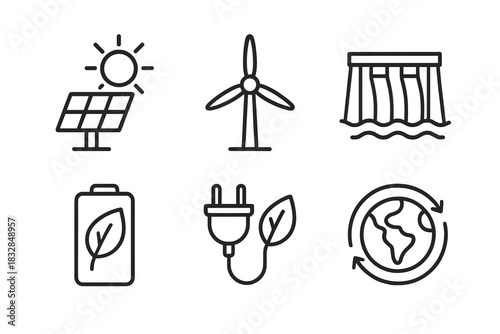 Icons of renewable energy: solar, wind, hydropower, battery, plug, earth