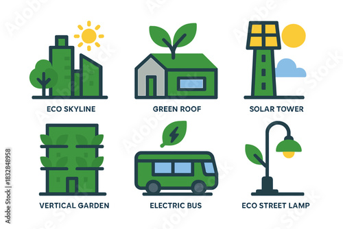 Sustainable urban design concepts: eco skyline, green roof, solar tower, vertical garden