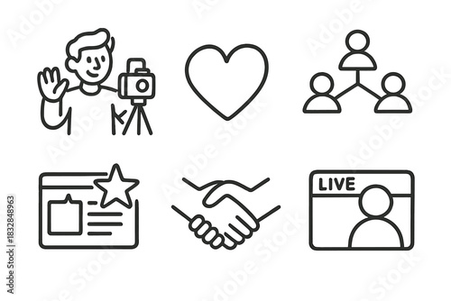 Social engagement icons: photography, connection, heart, id, handshake, live