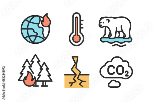 Climate change symbols: global warming, temperature, ice melt, deforestation, co2 emissions, earthquake