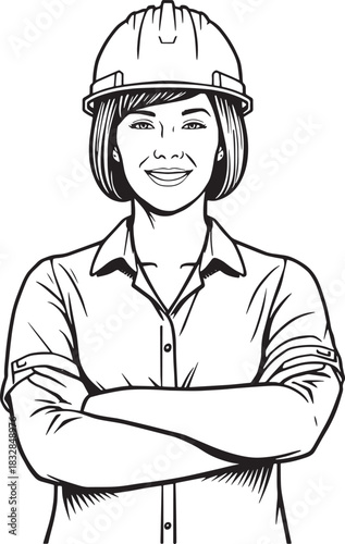 Female Engineer: A confident female engineer stands with arms crossed, wearing a protective helmet, ready to lead and create. Depicting determination and competence.
