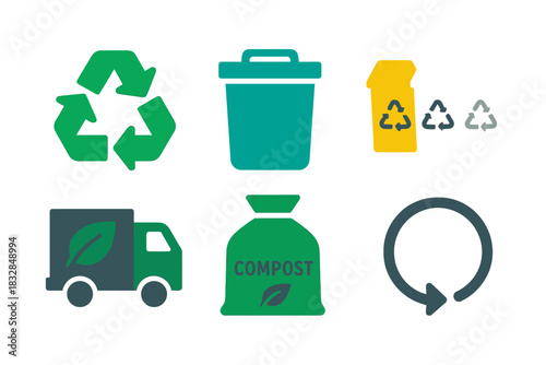 Eco-friendly recycling and composting icons with green and yellow highlights