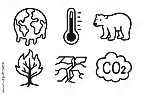 Climate change icons: melting earth, temperature, polar bear, wildfire, drought, co2